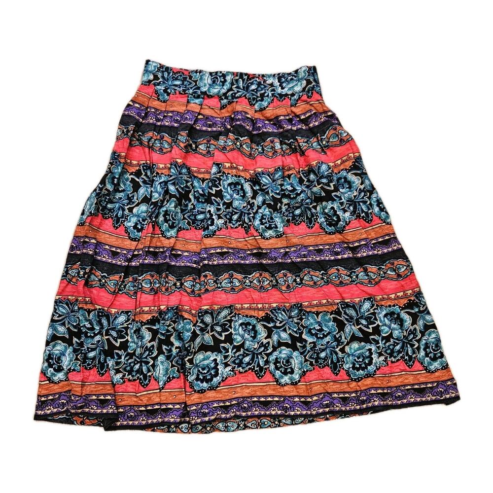 Vtg Patterned Midi Skirt Women M Multicolor Floral Wearable Art Boho 90s Teacher